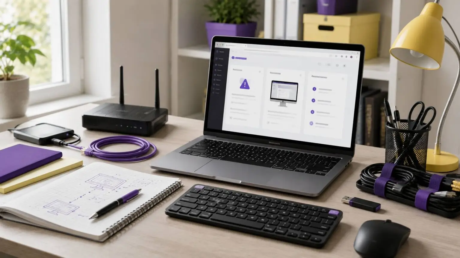 Werkplek met laptop, notitieboek, router en computeraccessoires voor het schrijven van duidelijke IT-handleidingen en praktische computerhulp.