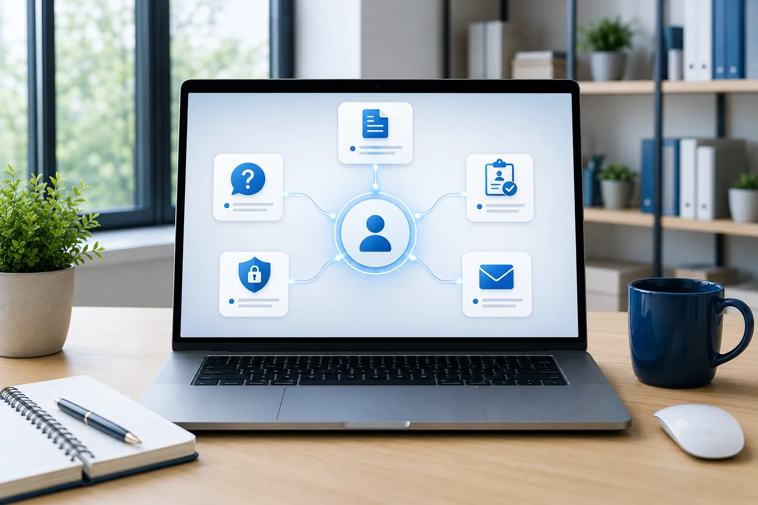 Laptop met verschillende routes naar contactinformatie, artikelen, registratie en veelgestelde vragen