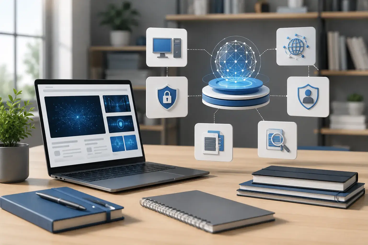 Werkplek met verbonden informatiebronnen over computers, cybersecurity en digitale veiligheid