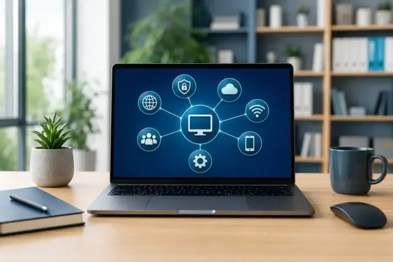 Laptop met verbonden pictogrammen voor beveiliging, cloud, wifi en andere IT-onderwerpen