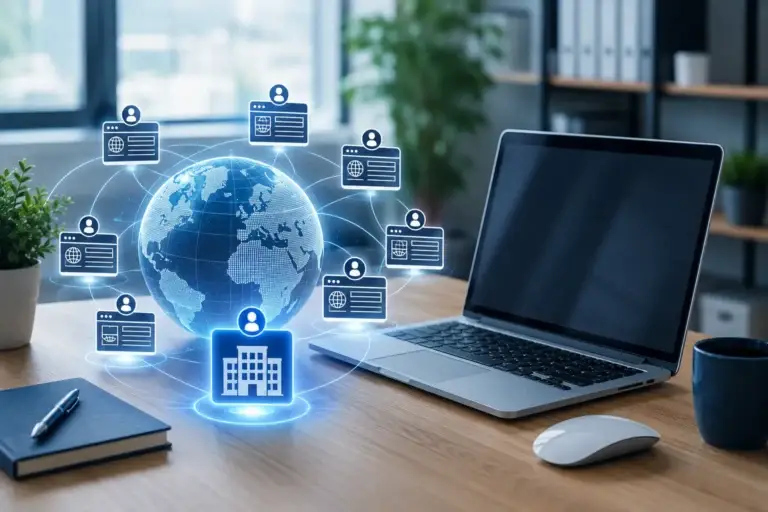 Uitgelichte organisatie binnen een digitaal netwerk van websites en informatiebronnen