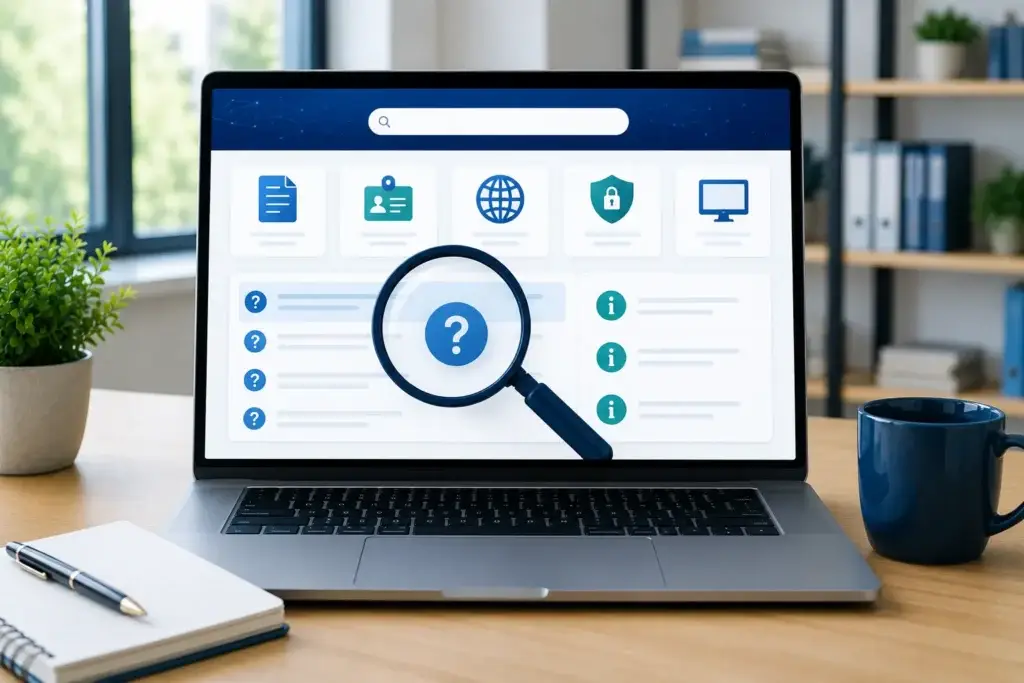 Laptop met zoek- en informatiesymbolen voor het vinden van antwoorden op veelgestelde vragen